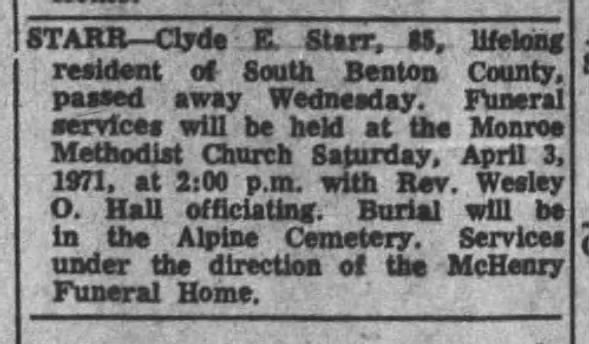 Clyde E Starr Obituary Corvallis OR Gazette-Times 1971-4-1 Thu Pg 20